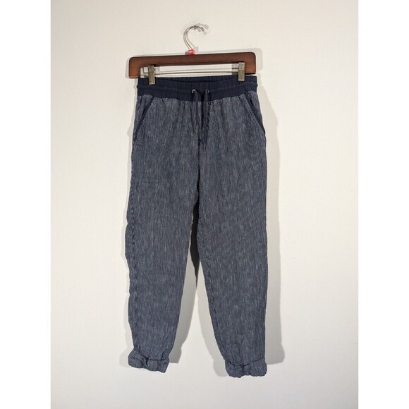 Athleta Pants Women 0 Bali Blue Striped Linen Cropped Relaxed Jogger Lagenlook - Picture 1 of 10